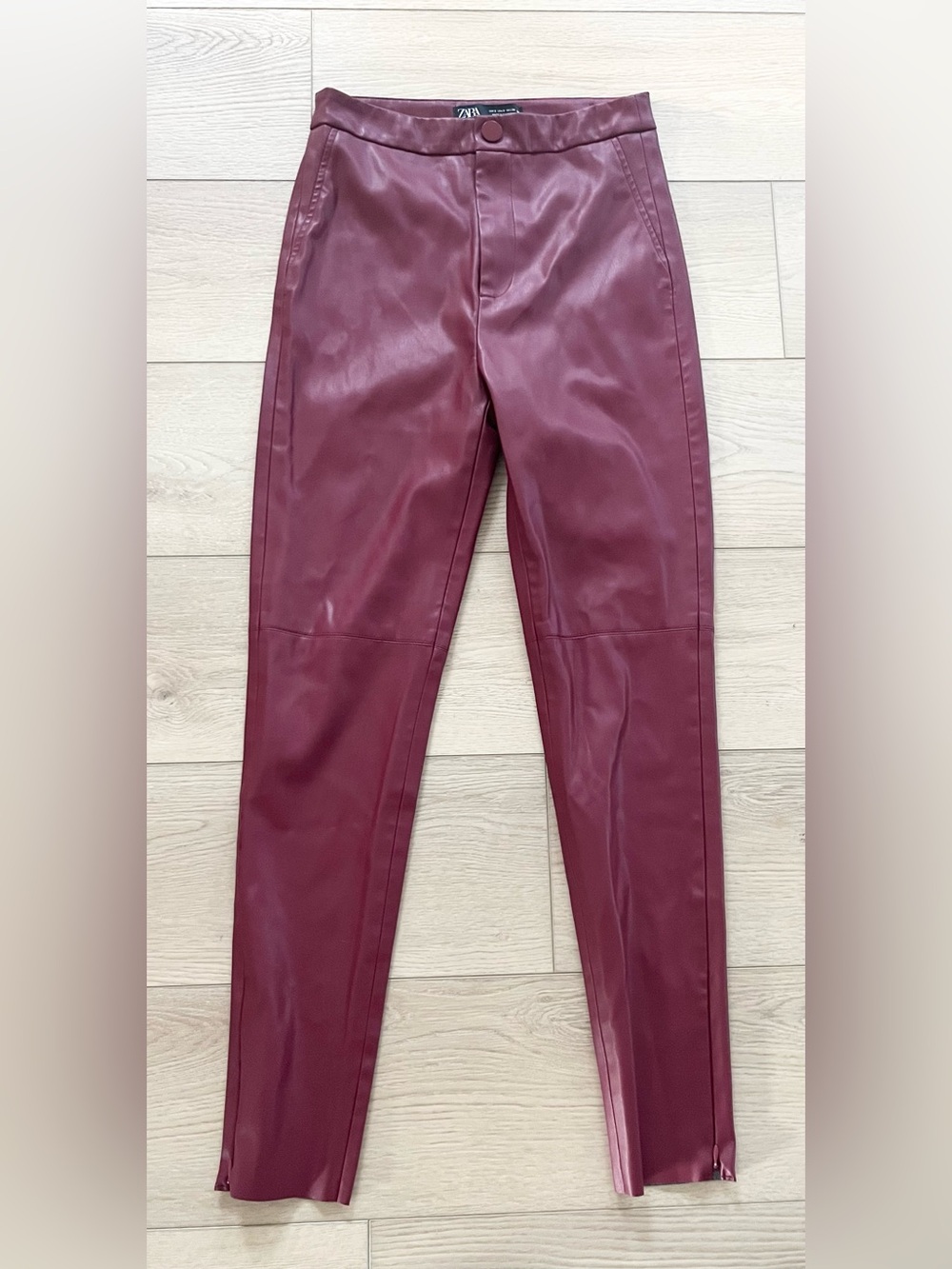 ZARA High Rise Faux Leather Leggings Pants Red Wine Moto Biker Women S